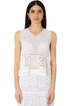 D.EXTERIOR Femme, Tops, Blanc, Taille: 38 FR Haut en Dentelle Blanc - Col en V Sans Manches