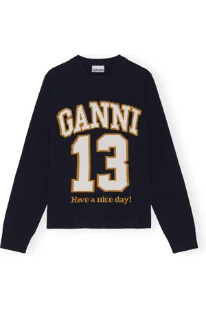 Ganni Femme, Pulls, Noir, Taille: 40 FR Pull Ras du Cou Baseball en Laine Mélangée Graphique