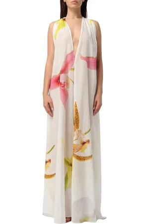 GENNY Femme, Robes, Multicolore, Taille: 36 FR Élégante robe midi blanche avec décolleté en V