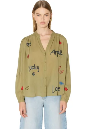 Berenice Femme, Blouses et Chemises, Vert, Taille: 40 FR Cassandralucky Chemise khaki fluide avec broderies