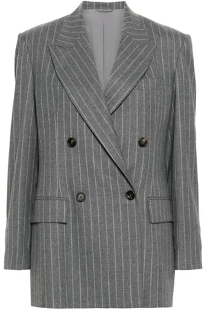 Brunello Cucinelli Femme, Vestes, Gris, Taille: 36 FR Veste en Laine à Rayures avec Revers Pointus