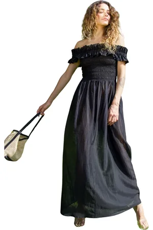 Crās Femme, Robes, Noir, Taille: 36 FR Robe longue épaules dénudées smockée noire