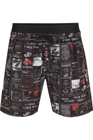 Iceberg Homme, Maillots de bain, Noir, Taille: L Maillot de bain noir à imprimé journal avec ceinture, cordon de serrage et logo contrastant