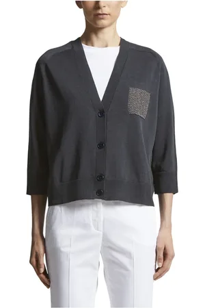 PESERICO SIGN Femme, Pulls, Bleu, Taille: 44 FR Cardigan en crêpe de lin et coton
