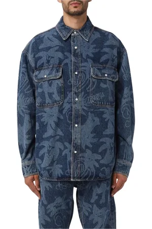 Palm Angels Homme, Chemises, Bleu, Taille: M Chemise en Denim Bleu à Imprimé AllOver