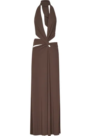 Amazuìn Femme, Robes, Brun, Taille: ONE Size Robe Marron avec Col Halter et Découpes