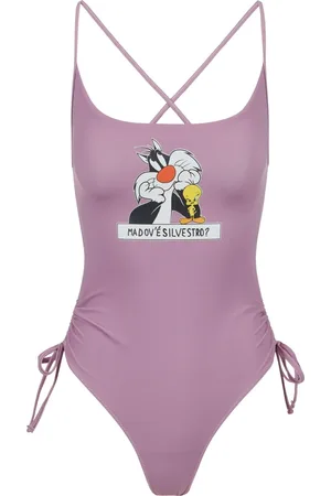 Iceberg Femme, Maillots de bain, Violet, Taille: 40 FR Une pièce violette avec une impression Looney Tunes sur la poitrine