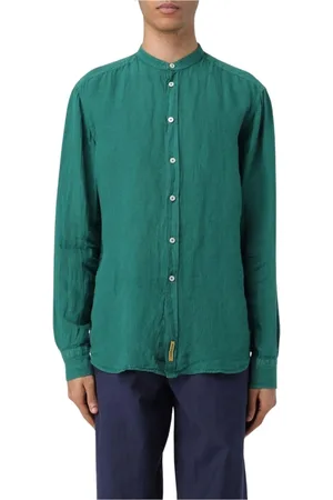 B.D.BAGGIES Homme, Chemises, Vert, Taille: L Chemise en Lin Vert Forêt à Col Mandarin