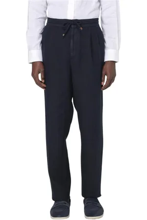 Brunello Cucinelli Homme, Pantalons, Bleu, Taille: L Pantalon décontracté en lin bleu à cordon
