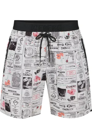 Iceberg Homme, Maillots de bain, Blanc, Taille: XL Maillot de bain blanc optique à imprimé journal avec ceinture, cordon de serrage et logo contrastant