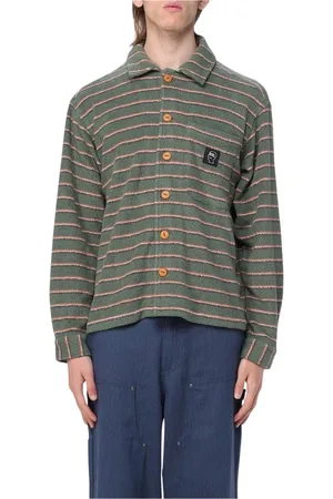 Brain Dead Homme, Chemises, Vert, Taille: L Chemise en Polaire à Rayures Décontractée Verte
