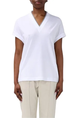Brunello Cucinelli Femme, Tops, Blanc, Taille: 44 FR T-shirt bleu col en V