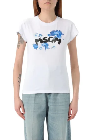 Msgm Femme, Tops, Blanc, Taille: 40 FR T-shirt en Coton Blanc à Imprimé Graphique