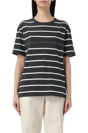 Brunello Cucinelli Femme, Tops, Gris, Taille: 42 FR Élégant T-shirt à Rayures en Gris