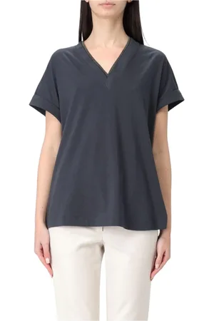 Brunello Cucinelli Femme, Blouses et Chemises, Bleu, Taille: 38 FR Tee-shirt bleu à détail de chaîne