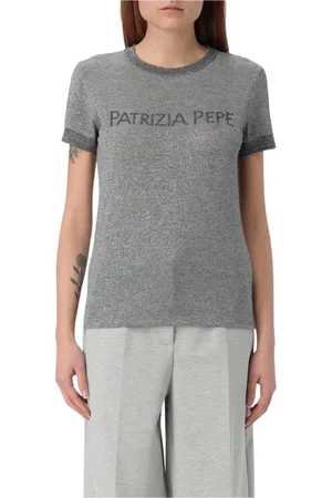 Patrizia Pepe Femme, Tops, Gris, Taille: 40 FR T-shirt en Tricot Métallique Logo Strass
