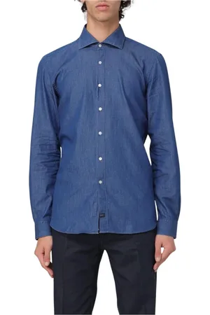 FAY Homme, Chemises, Bleu, Taille: M Chemise en Denim Stone Wash Manches Longues