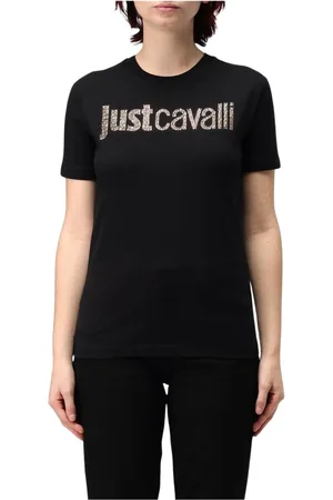 Roberto Cavalli Femme, Tops, Noir, Taille: 36 FR T-shirt Noir avec Logo, Élégant et Polyvalent