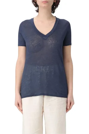 120% Lino Femme, Tops, Bleu, Taille: 42 FR T-shirt en lin bleu marine à col en V