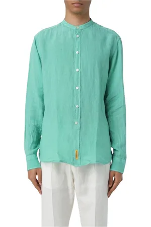 B.D.BAGGIES Homme, Chemises, Vert, Taille: L Chemise en lin vert à col mandarin