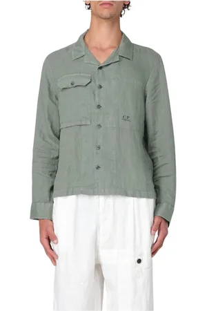 C.P. Company Homme, Chemises, Vert, Taille: S Chemise en Lin Blanc avec Poches