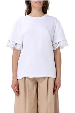 Twin-Set Femme, Tops, Blanc, Taille: 42 FR Haut Noir à Manches Courtes en Dentelle