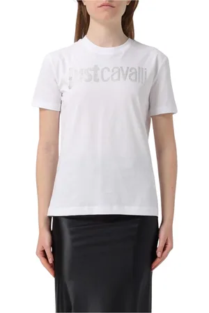Roberto Cavalli Femme, Tops, Blanc, Taille: 42 FR T-shirt Noir avec Logo en Strass