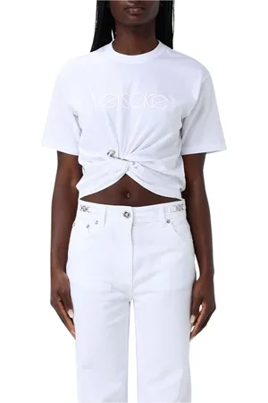 VERSACE Femme, Tops, Blanc, Taille: 34 FR T-shirt rose à ourlet noué