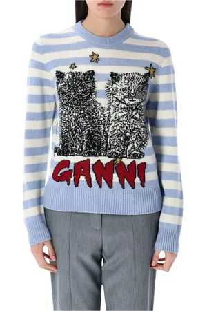 Ganni Femme, Pulls, Multicolore, Taille: 40 FR Pull à Rayures avec Imprimé Chat