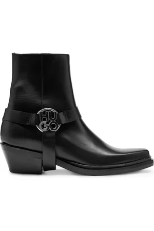 HUGO BOSS Femme, Chaussures, Noir, Taille: 38 EU Bottines à Logo Empilé Noir Cuir