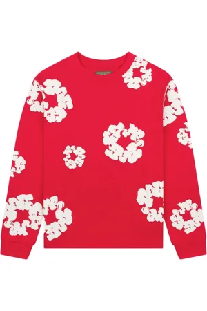 DENIM TEARS Homme, Sweatshirts et sweats à capuche, Rouge, Taille: M T-shirt à Manches Longues en Coton Rouge avec Couronne