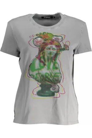 Desigual Femme, Tops, Gris, Taille: 44 FR Tee-shirt en Coton Gris Imprimé Chic