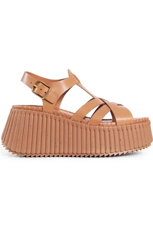 Chloé Femme, Chaussures, Brun, Taille: 38 EU Sandales plates en cuir brun gingembre