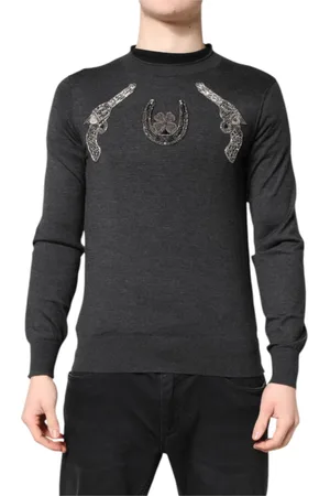 Dolce & Gabbana Homme, Pulls, Gris, Taille: S Pull Homme Gris Broderie Tricot