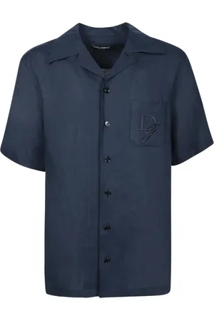 Dolce & Gabbana Homme, Chemises, Bleu, Taille: L Chemise en Lin Bleue Manches Courtes Élégante
