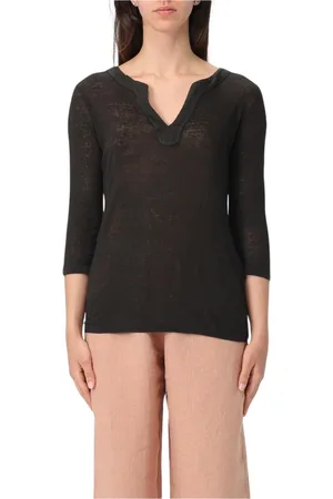 120% Lino Femme, Tops, Noir, Taille: 40 FR Haut noir en lin col en V
