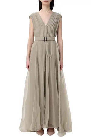 Brunello Cucinelli Femme, Robes, , Taille: 38 FR Robe Longue en Organza de Soie Gris Plissée