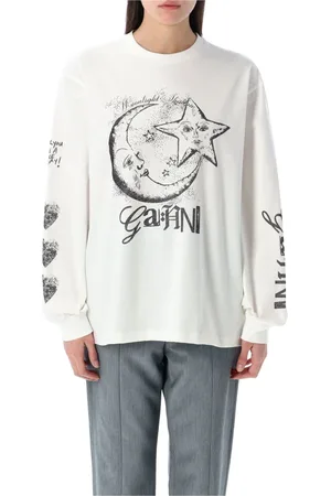 Ganni Femme, Sweatshirts et sweats à capuche, Blanc, Taille: 36 FR T-shirt à Manches Longues Blanc avec Imprimé Graphique