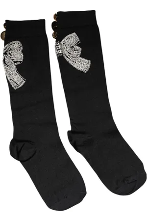 Dolce & Gabbana Femme, Sous-vêtements, Noir, Taille: ONE Size Chaussettes Noires en Tricot avec Cristaux et Fleurs