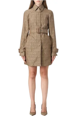 VERSACE Femme, Manteaux, Brun, Taille: 38 FR Trench Coat Marron à Imprimé Logo