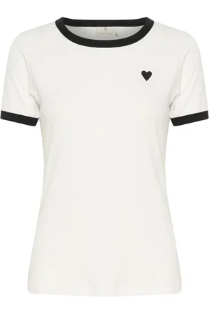 Kaffe Femme, Tops, Blanc, Taille: 44 FR Haut Tee Coeur Brodé Craie/Noir