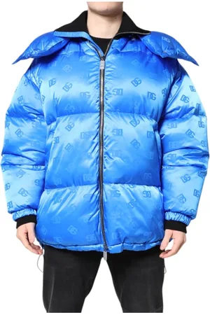 Dolce & Gabbana Homme, Vestes, Bleu, Taille: S Veste Bleue Matelassée à Capuche avec Logo