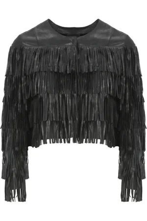 BULLY Femme, Vestes, Noir, Taille: 38 FR Veste en Cuir Noir à Franges Femme Crew