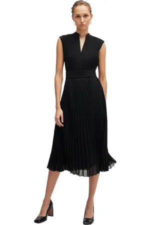 HUGO BOSS Femme, Robes, Noir, Taille: 44 FR Robe Midi Plissée en Crêpe