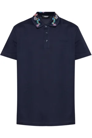 VERSACE Homme, Tops, Bleu, Taille: S Polo avec broderie colorée sur le col