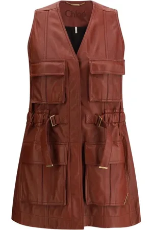 Chloé Femme, Vestes, Brun, Taille: 40 FR Gilet en cuir avec encolure en V et poches