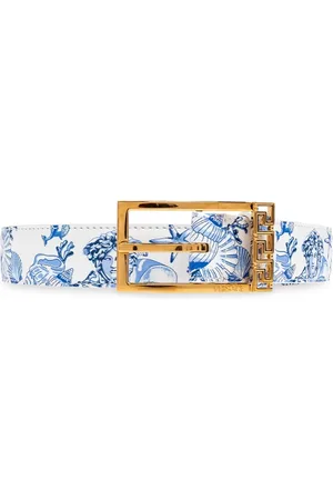 VERSACE Homme, Accessoires, Bleu, Taille: 85 CM Ceinture en cuir avec impression Coral Theatre Allove
