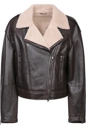 Brunello Cucinelli Femme, Vestes, Brun, Taille: 36 FR Veste en Cuir Marron avec Col en Shearling