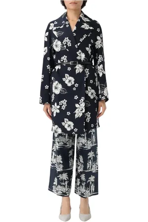 Max Mara Femme, Manteaux, Bleu, Taille: 42 FR Manteau Bleu à Imprimé Floral et Ceinture