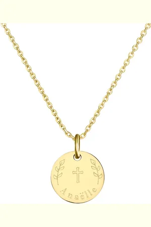 Moments Précieux Collier personnalisé baptême, dessin "Croix & Rameaux", plaqué or